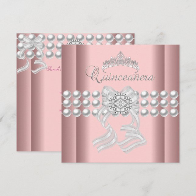 Quinceanera 15 Tiara Pink Silver White Pearl Pink Invitation (Front/Back)