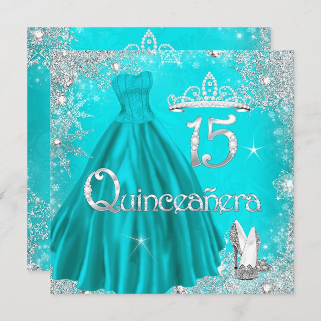 Quinceanera 15th Aqua Silver Snowflakes Party 2 Invitation (Front/Back)