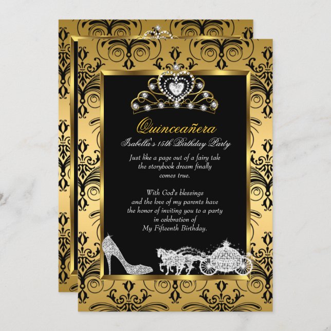 Quinceanera 15th Birthday Black Gold Damask Invitation (Front/Back)
