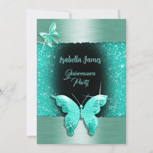 Quinceañera 15th birthday black turquoise foil  invitation