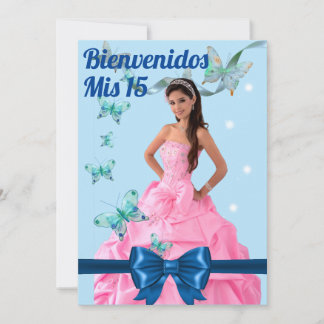  QUINCEAÑERA 15th BIRTHDAY CARD, BLUE BUTTERFLY Invitation