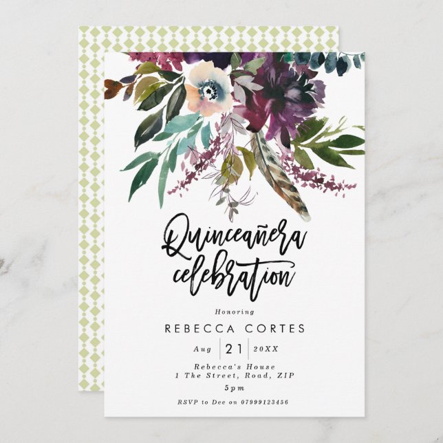 Quinceanera 15th birthday feathers floral invitation (Front/Back)