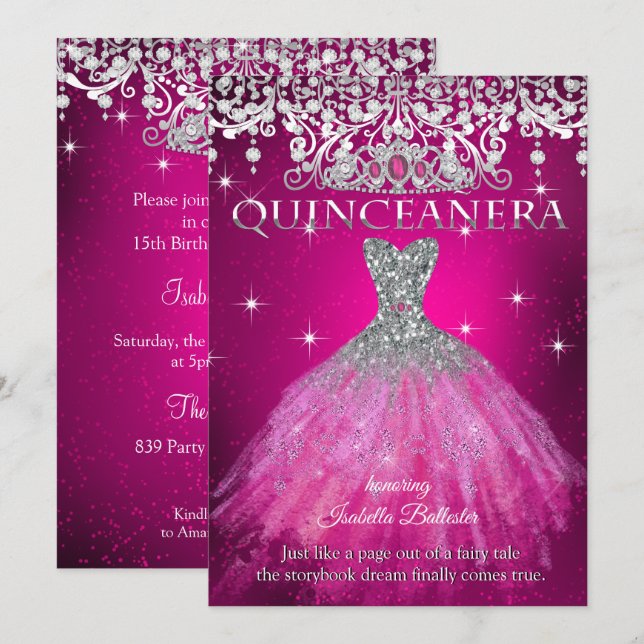 Quinceanera 15th Birthday FUCHSIA Pink Tiara Invitation (Front/Back)