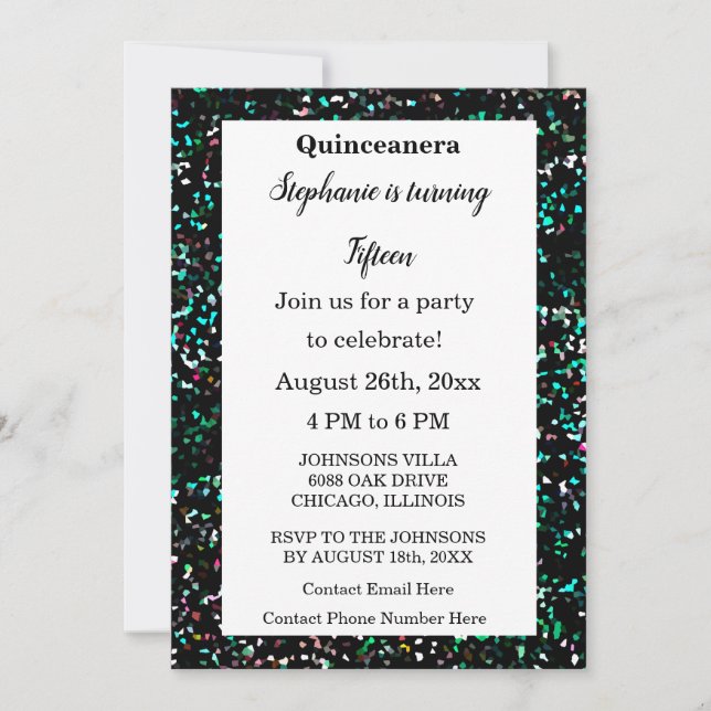 Quinceanera 15th Birthday Glitter Black Multicolor Invitation (Front)