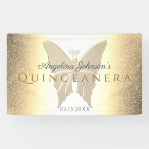 Quinceanera 15th Birthday Glitter Gold Butterfly Banner