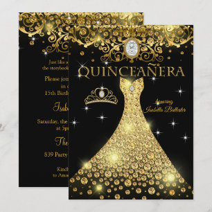 Quinceanera 15th Birthday Gold Black Tiara Invitation