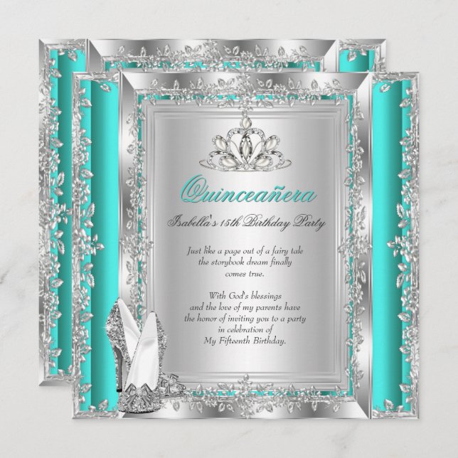 Quinceanera 15th Birthday Jade Green Silver Shoes Invitation (Front/Back)