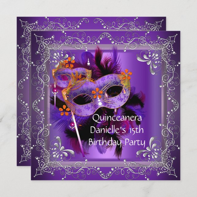 Quinceanera 15th Birthday Masquerade Mask Purple Invitation (Front/Back)