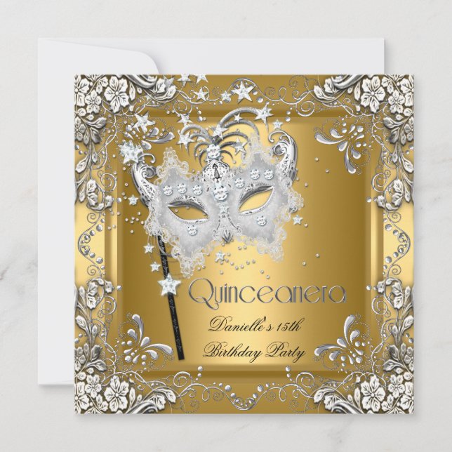Quinceanera 15th Birthday Masquerade Silver Gold Invitation (Front)