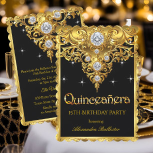 Quinceanera 15th Birthday Ornate Exotic Black Gold Invitation