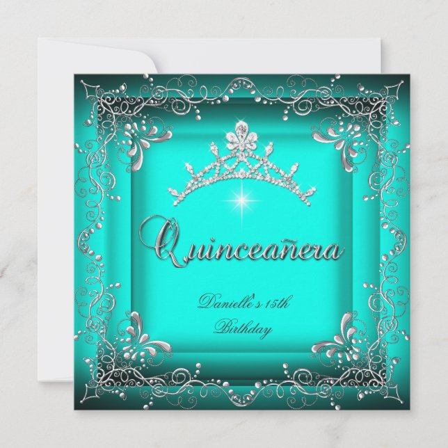 Quinceanera 15th Birthday Party Blue Tiara Silver Invitation (Front)