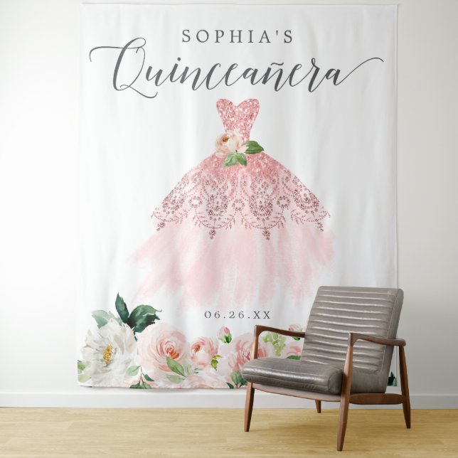 Quinceanera 15th Birthday Party Decor Backdrop Tapestry (In Situ)