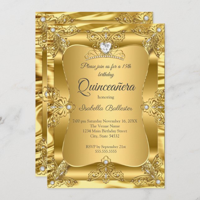 Quinceanera 15th Birthday Party Gold Gems Tiara Invitation (Front/Back)