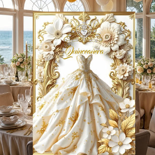 Quinceanera 15th Birthday Party Gold White Gown Invitation