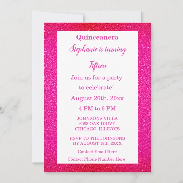Quinceanera 15th Birthday Party Hot Pink Glitter Invitation (Front)