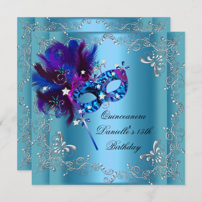 Quinceanera 15th Birthday Party Masquerade Blue Invitation (Front/Back)