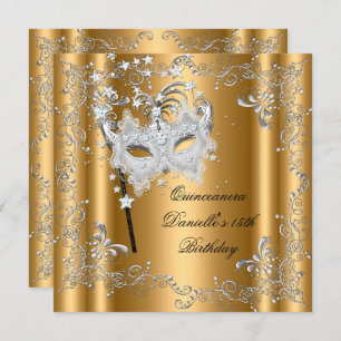 Quinceanera 15th Birthday Party Masquerade Gold Invitation