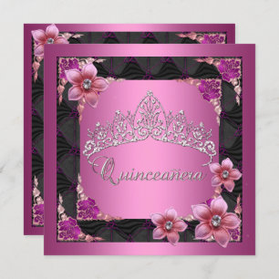 Quinceanera 15th Birthday Party Pink Tiara Black Invitation