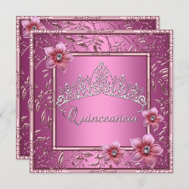 Quinceanera 15th Birthday Party Pink Tiara Pink Invitation (Front/Back)