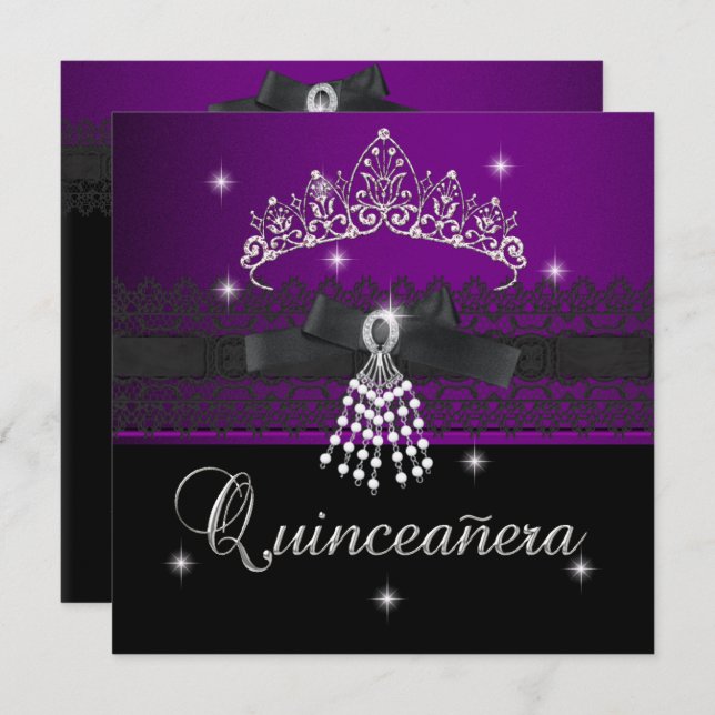 Quinceanera 15th Birthday Party Purple Black Invitation (Front/Back)