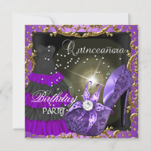 quinceanera 15th Birthday Party Purple Dress Gown Invitation