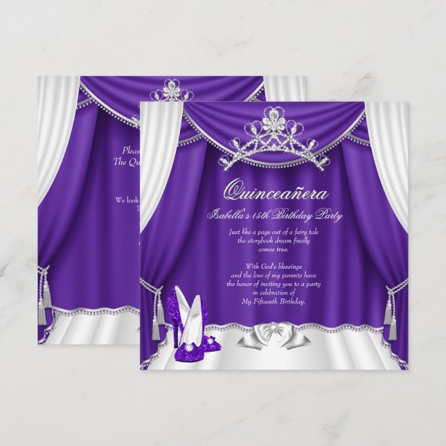 Quinceanera 15th Birthday Party Purple Heels Tiara Invitation (Front/Back)