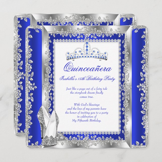 Quinceanera 15th Birthday Party Royal Blue Silver Invitation (Front/Back)