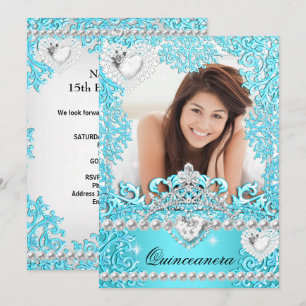 Quinceanera 15th Birthday Party Teal Blue Silver Invitation