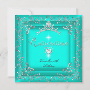 Quinceanera 15th Birthday Party Teal Tiara Silver Invitation