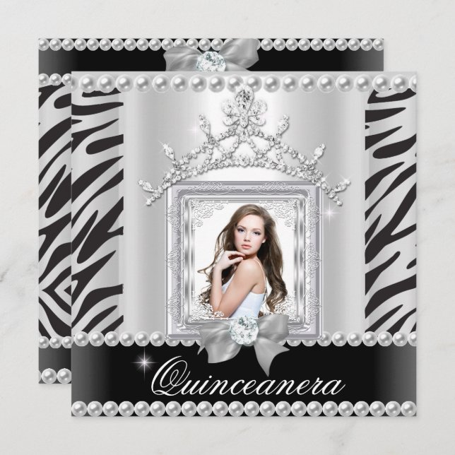 Quinceanera 15th Birthday Party Zebra Black White Invitation (Front/Back)