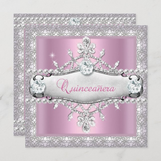 Quinceanera 15th Birthday Pink Diamond Tiara Invitation (Front/Back)