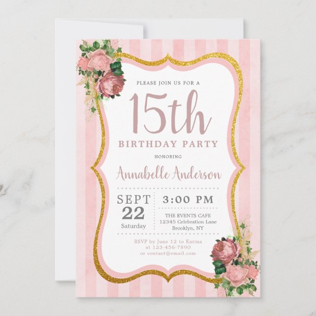 Quinceanera 15th Birthday Pink Floral Gold Glitter Invitation (Front)