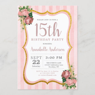 Quinceanera 15th Birthday Pink Floral Gold Glitter Invitation