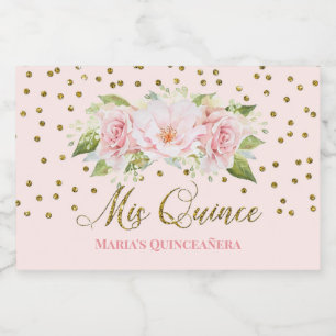 Quinceañera 15th Birthday Pink Flowers Gold Food Label
