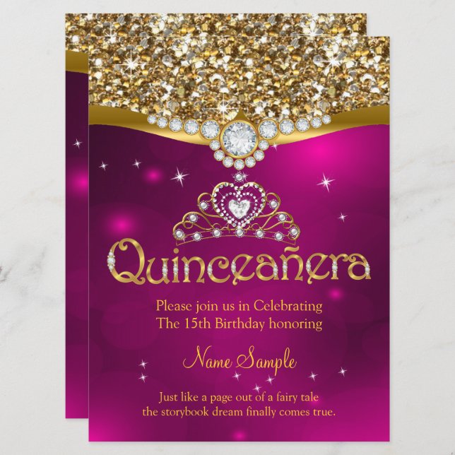 Quinceanera 15th Birthday Pink Glitter Gold  Invitation (Front/Back)