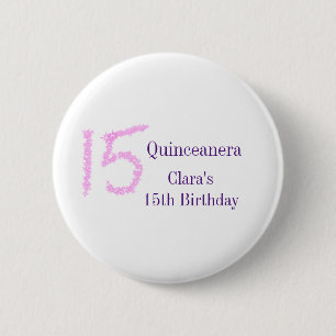 Quinceanera 15th birthday pink glitter template 6 cm round badge
