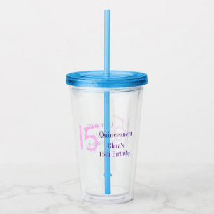 Quinceanera 15th birthday pink glitter template acrylic tumbler