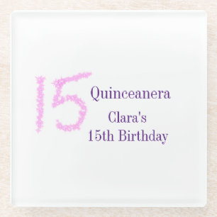 Quinceanera 15th birthday pink glitter template glass coaster