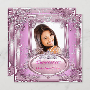 Quinceañera 15th Birthday Pink White Silver Tiara Invitation