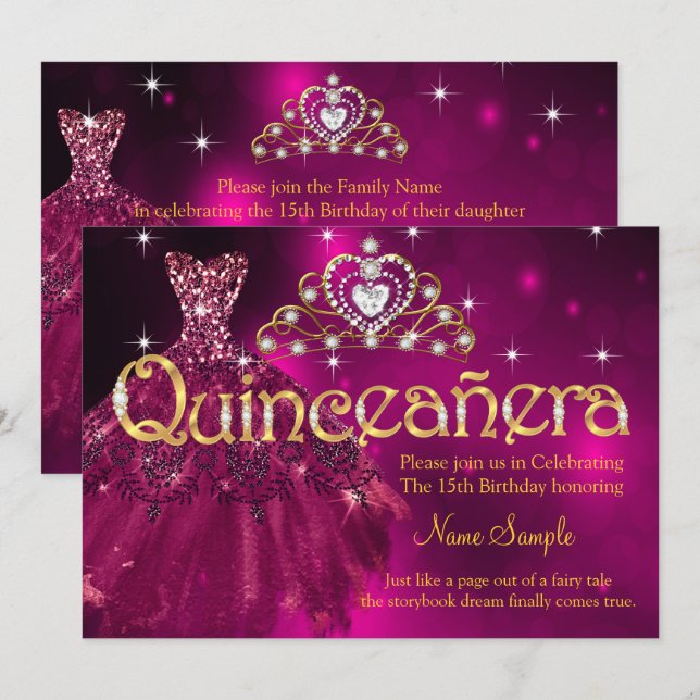 Quinceanera 15th Birthday Plum Pink Dress Tiara Invitation (Front/Back)