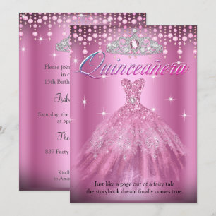 Quinceanera 15th Birthday Pretty Pink Dress Tiara Invitation