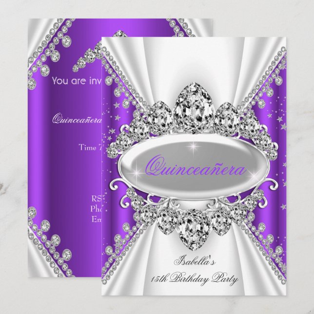 Quinceanera 15th Birthday Princess Purple Tiara Invitation (Front/Back)