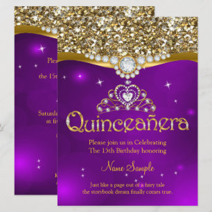 Quinceanera 15th Birthday Purple Glitter Gold Invitation