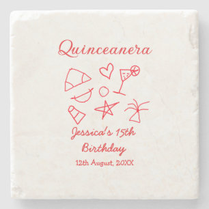 Quinceanera 15th birthday red beach party tree sun stone coaster