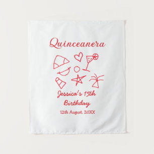 Quinceanera 15th birthday red beach party tree sun tapestry