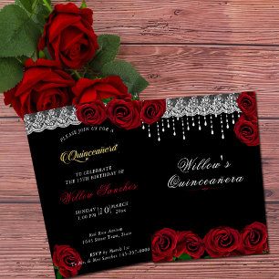 Quinceanera 15th Birthday Red Roses White Lace Invitation