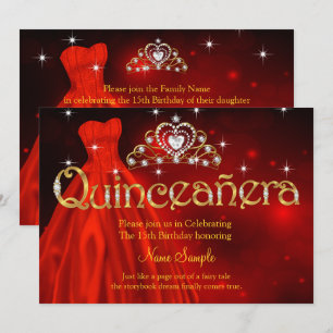Quinceanera 15th Birthday Regal Red Dress Tiara Invitation