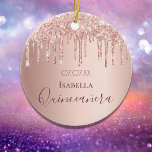 Quinceanera 15th birthday rose gold glitter pink ceramic tree decoration<br><div class="desc">An ornament for a girly and glamourous Quinceañera, 15th birthday. A faux rose gold, pink background with an elegant rose gold faux glitter drips, paint dripping look. The text: Quinceañera is written in dark rose gold with a large modern hand lettered style script. Personalise and add a name. Perfect as...</div>