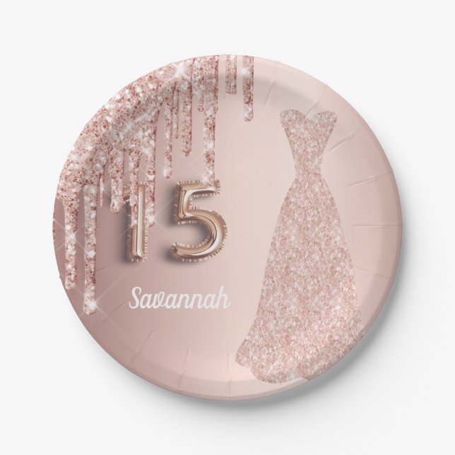 Quinceanera 15th birthday rose gold glitter pink paper plate (Front)