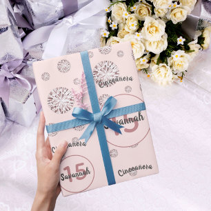 Quinceanera 15th birthday rose gold pink diamonds wrapping paper